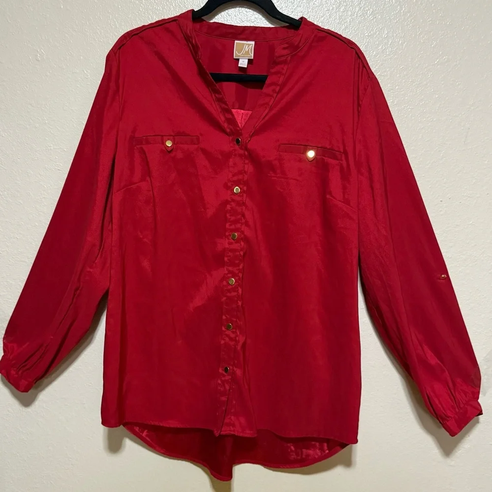 JM Collection Red Button Up Blouse Size 18 | Long Sleeve Career Office Top Plus - Picture 2 of 4